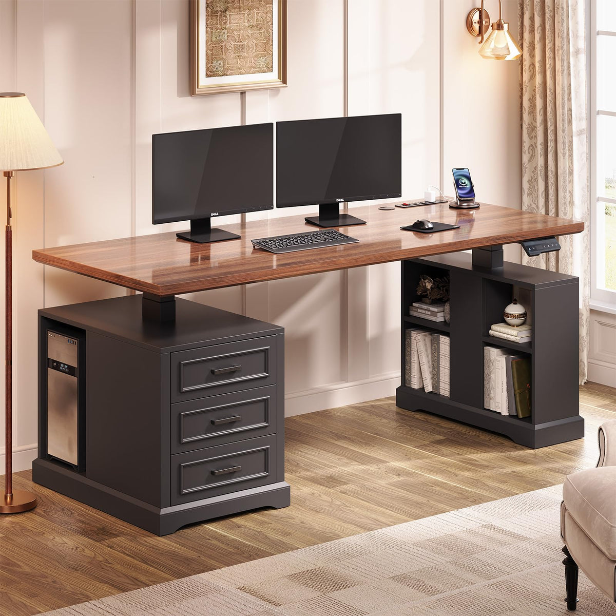 63" Farmhouse Electric Standing Desk with 3 Drawers N660215