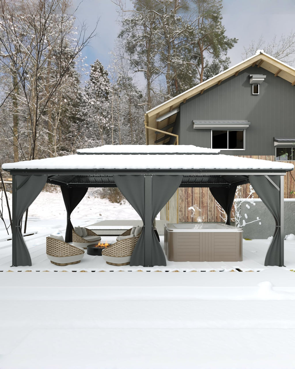 Hardtop Gazebo 12x16 ft with Double Metal Roof, Net, and Curtain Z31238