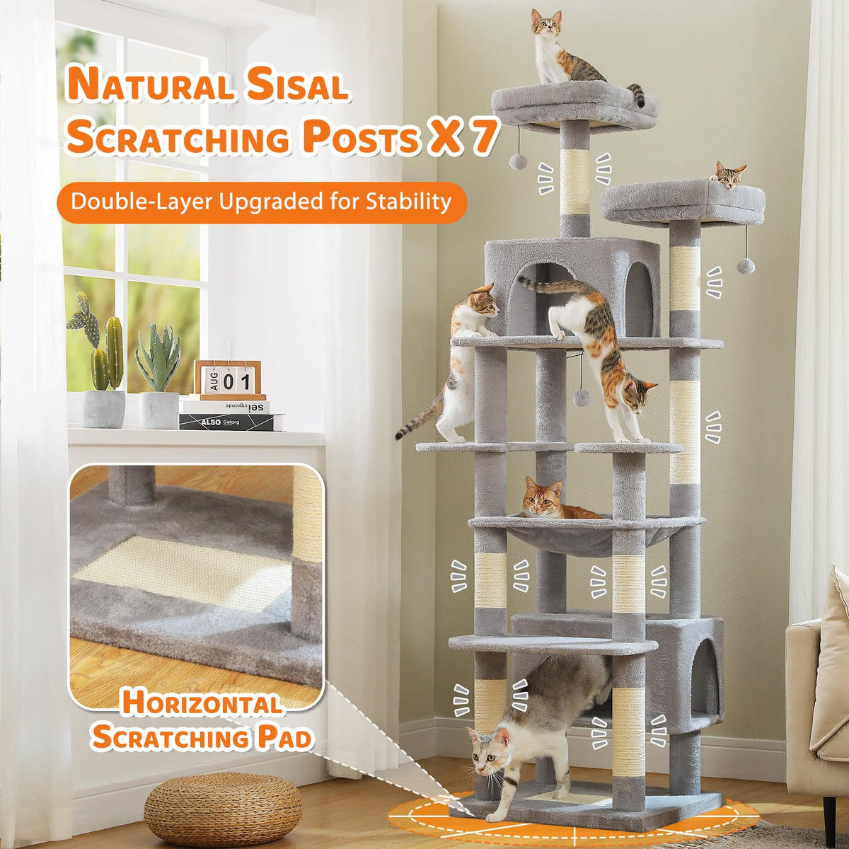72" Cat Tree with Hammock & Condos O2875