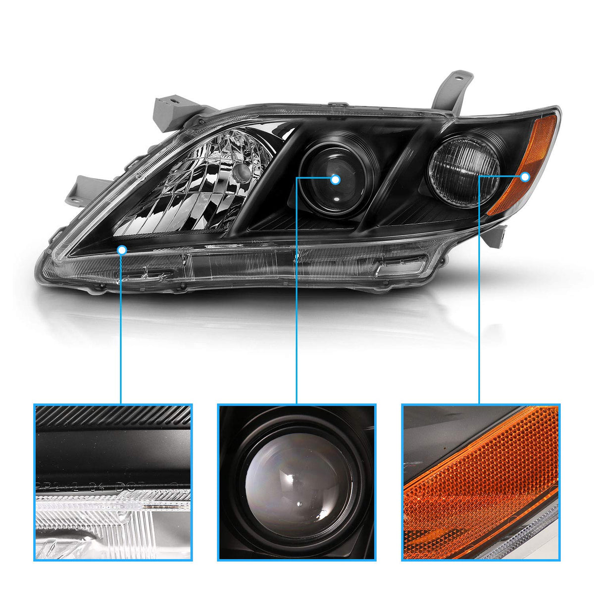 2007-2009 Toyota Camry Black Projector Headlight Assembly Pair E406