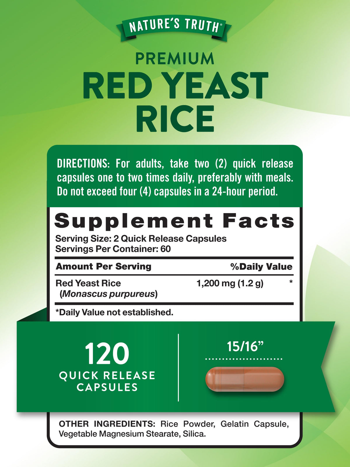 Red Yeast Rice Herbal Supplement 1200 mg 120 Capsules P4407