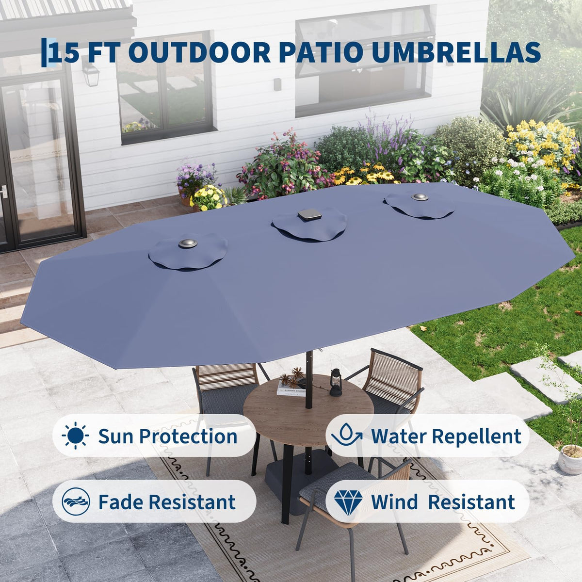 15FT Patio Umbrella with Solar Lights & Base H83677