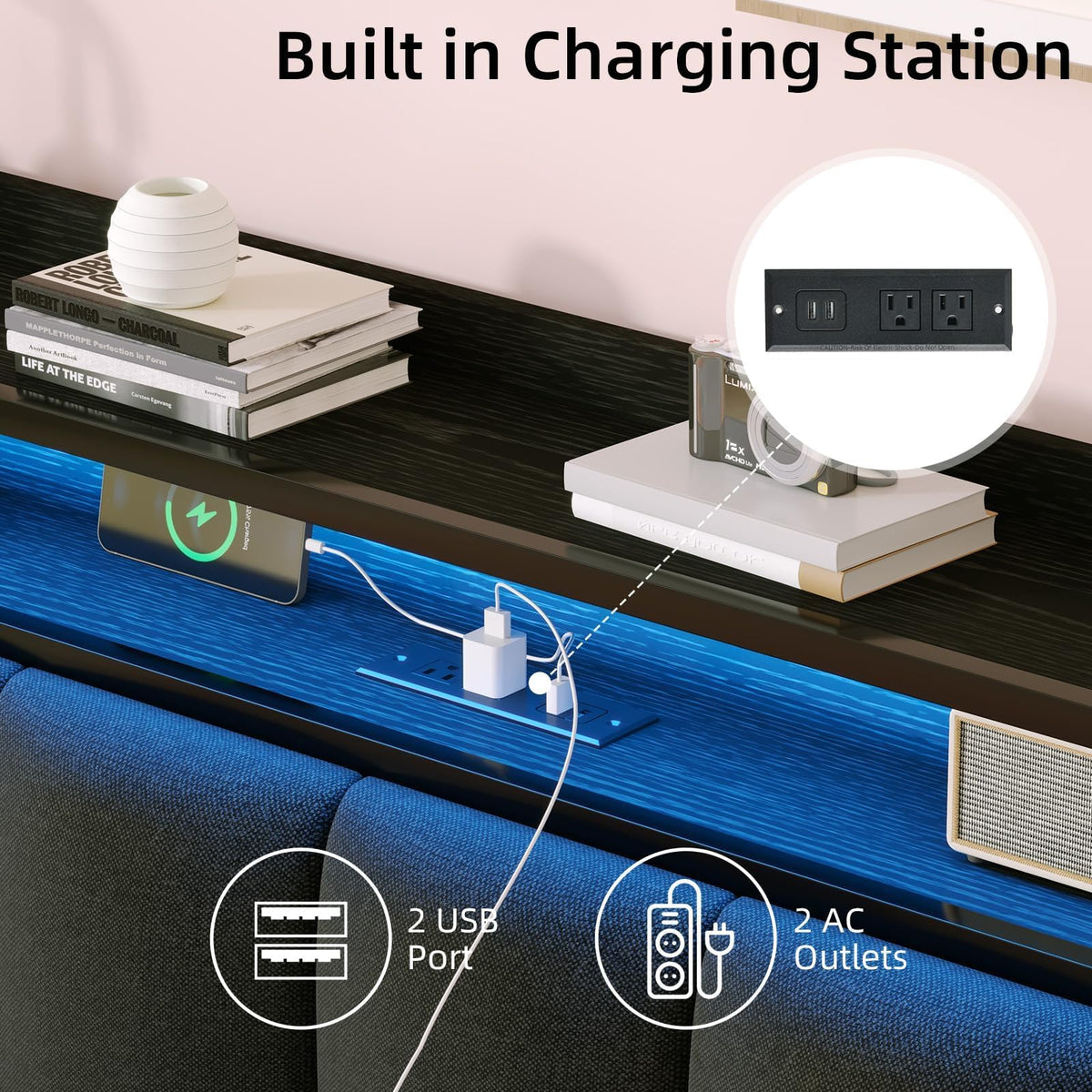 Dark Grey Twin Bed Frame with LED Lights and Charging Station Q744