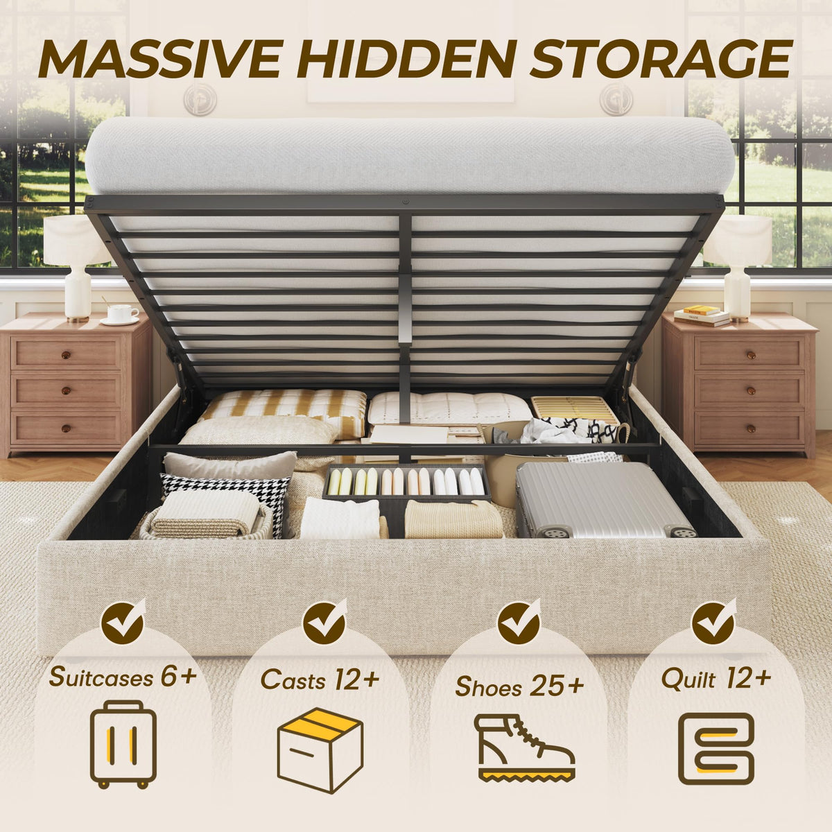 Queen Size Linen Upholstered Lift Up Storage Bed Frame U44117