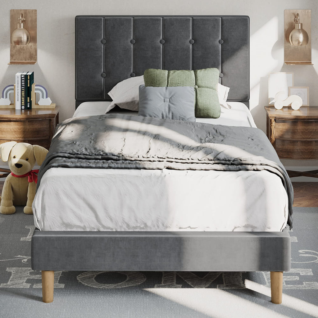 Grey Velvet Upholstered Twin Platform Bed Frame with Headboard E269