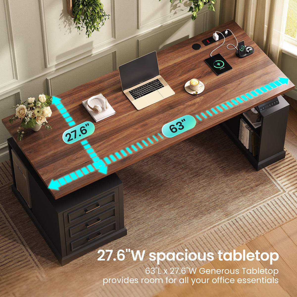 63" Farmhouse Electric Standing Desk with 3 Drawers N660215