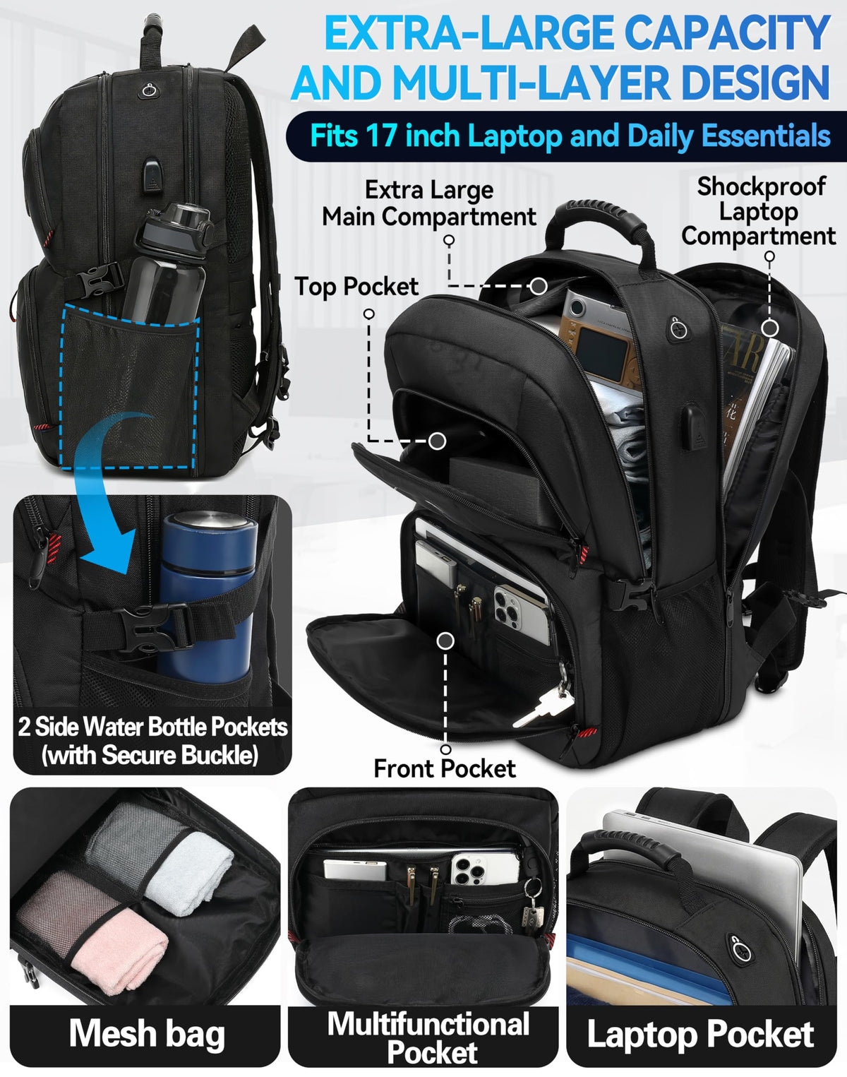 Extra Large Black Laptop Backpack with USB Charging Port H449334