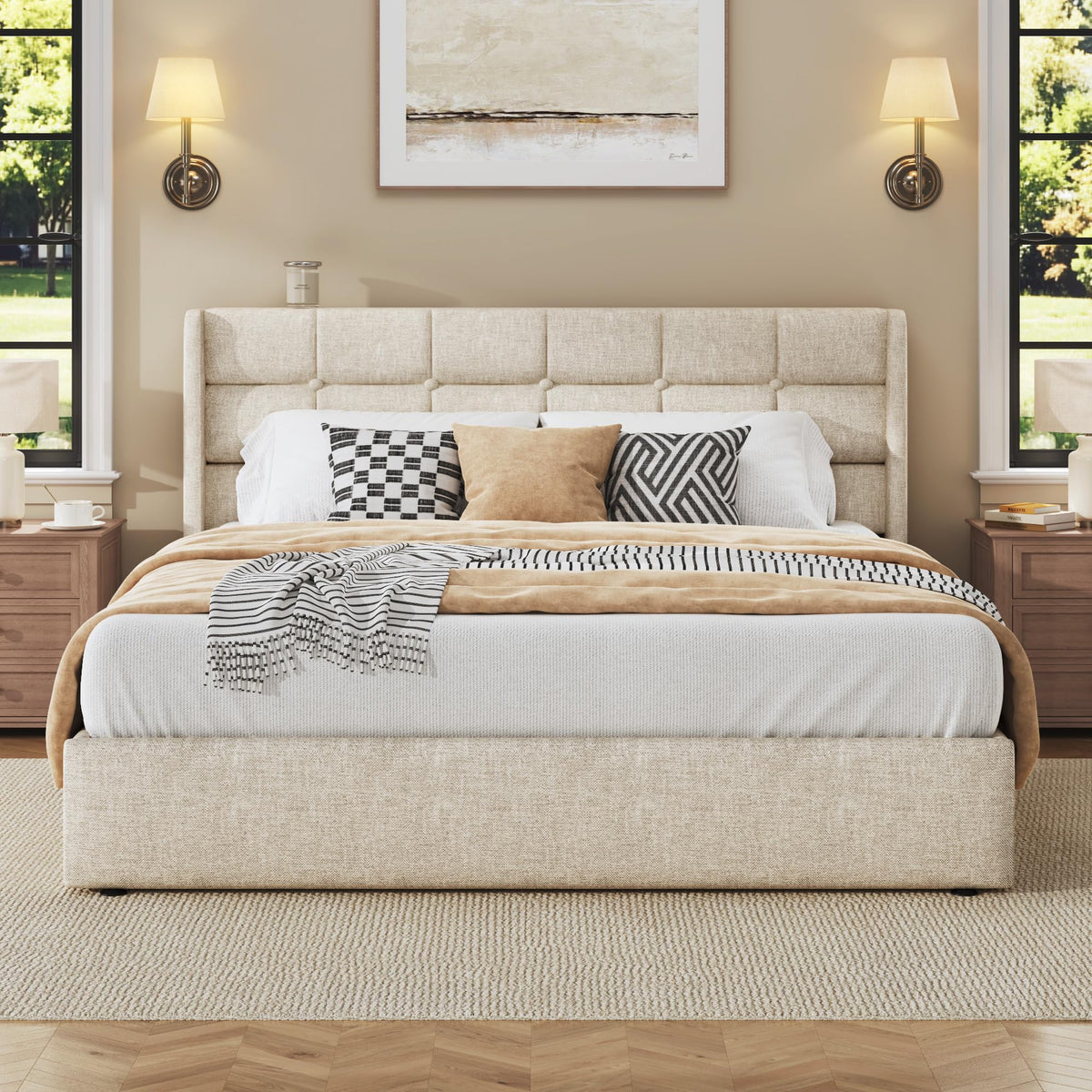Queen Size Linen Upholstered Lift Up Storage Bed Frame U44117