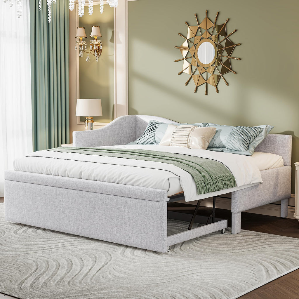 Beige Linen Upholstered Twin Size L-Shaped Daybed with Pop Up Trundle I385