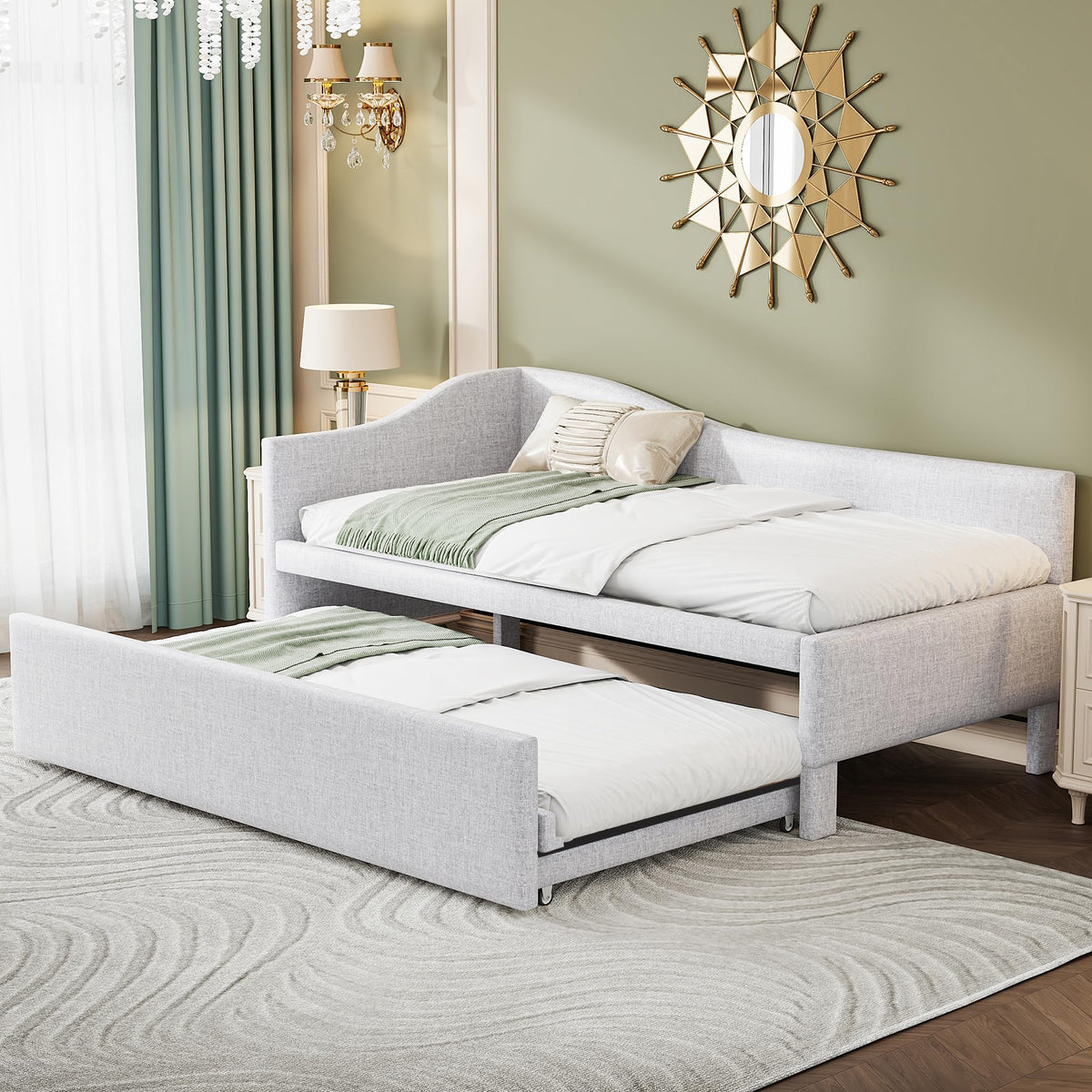 Beige Linen Upholstered Twin Size L-Shaped Daybed with Pop Up Trundle I385
