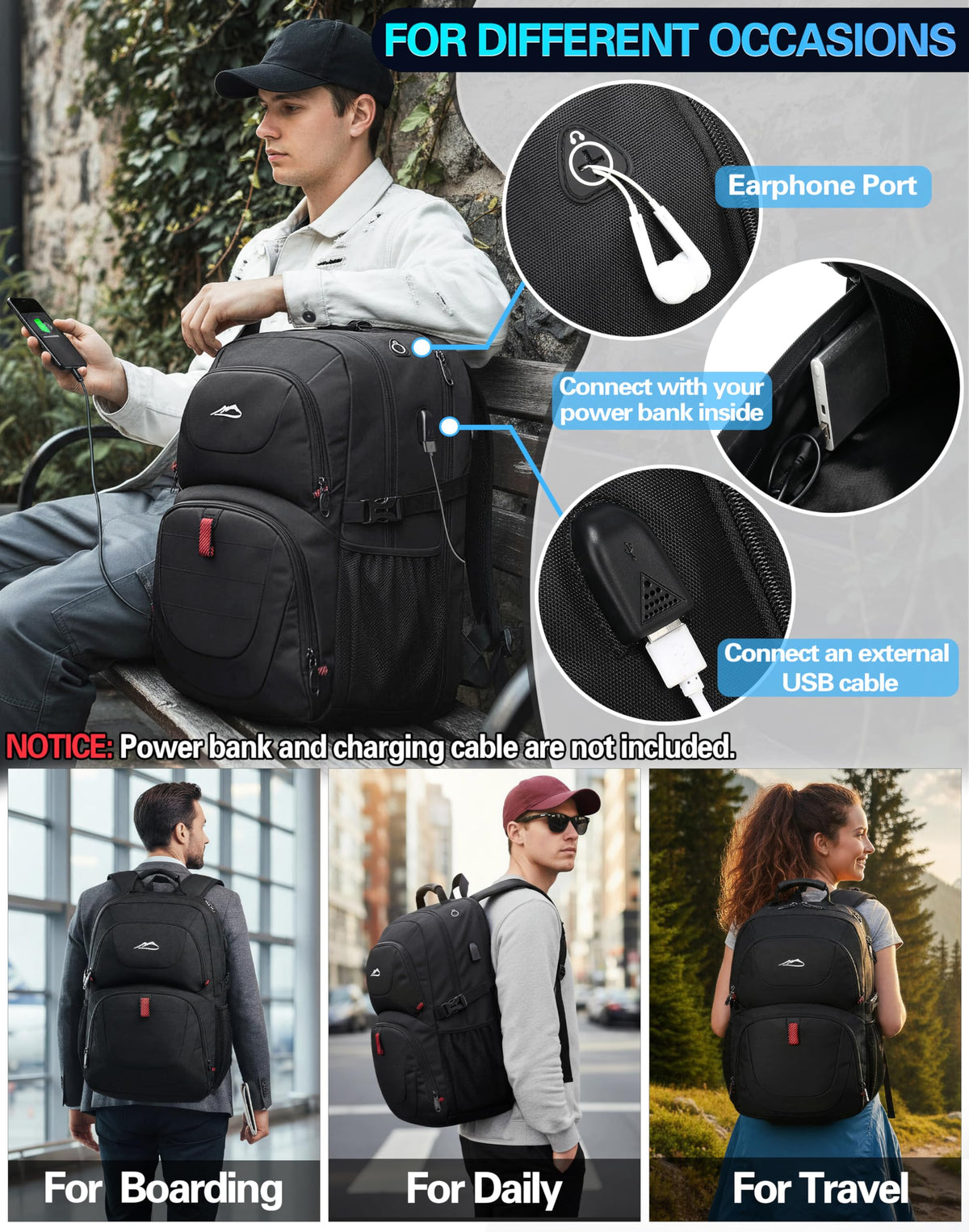 Extra Large Black Laptop Backpack with USB Charging Port H449334